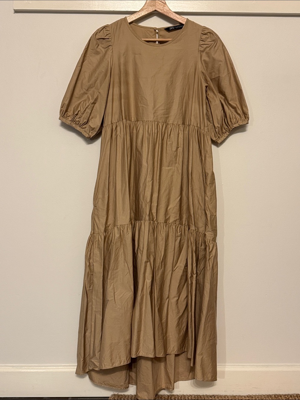 ZARA Cotton Tiered Midi Dress Taupe Khaki Puff Sleeve Babydoll Size M